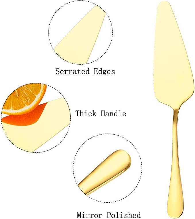 Kucensi Cake Pie Server, 2 Pack Stainless Steel Pizza Pastry Cake Slicer Server Set, Gold Cake Cutter with Serrated Edges for Kitchen, Restaurants, Wedding, Birthdays and Parties