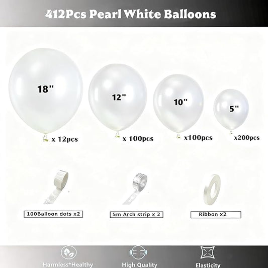 412pcs Pearl White Balloons Different Sizes 18 12 10 5 Inch, White Balloon Garland Arch Kit for Engagement Baby Shower Birthday Wedding Party Decorations