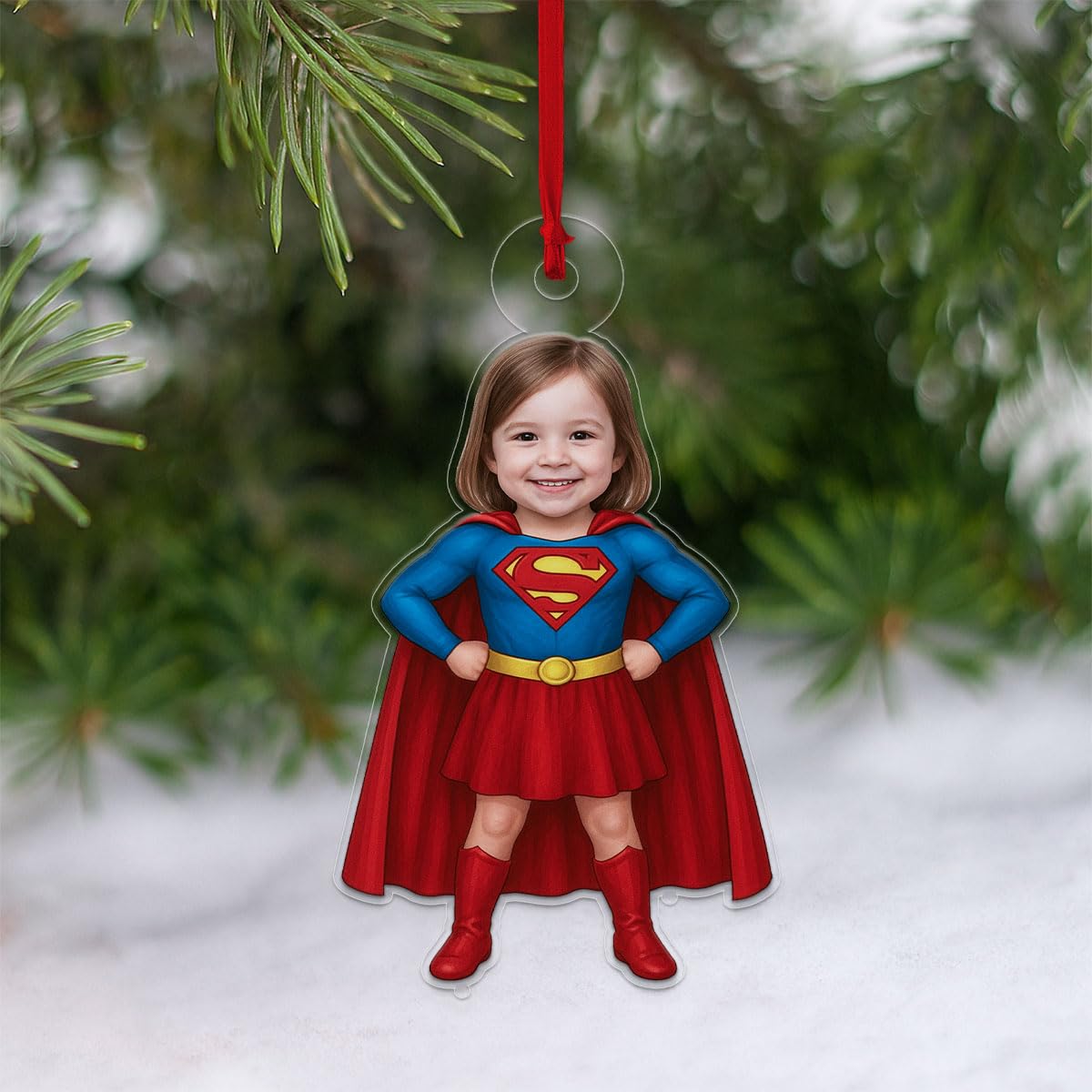 Custom Photo Baby Girl Superman Ornament, Personalized Superhero Christmas Ornament, Baby’s First Christmas Gift Acrylic Ornament – Personalized Christmas Tree Decoration, Custom