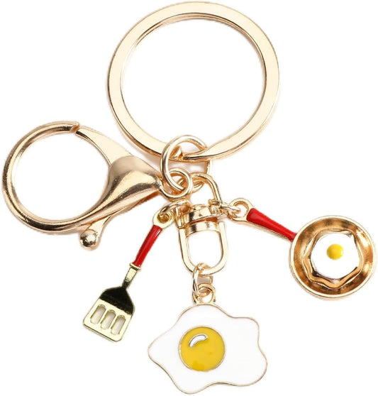 Fried Egg Keychain with Pan and Spatula Charm Kitchen Themed Accessory for Women Cooking Lovers Gift