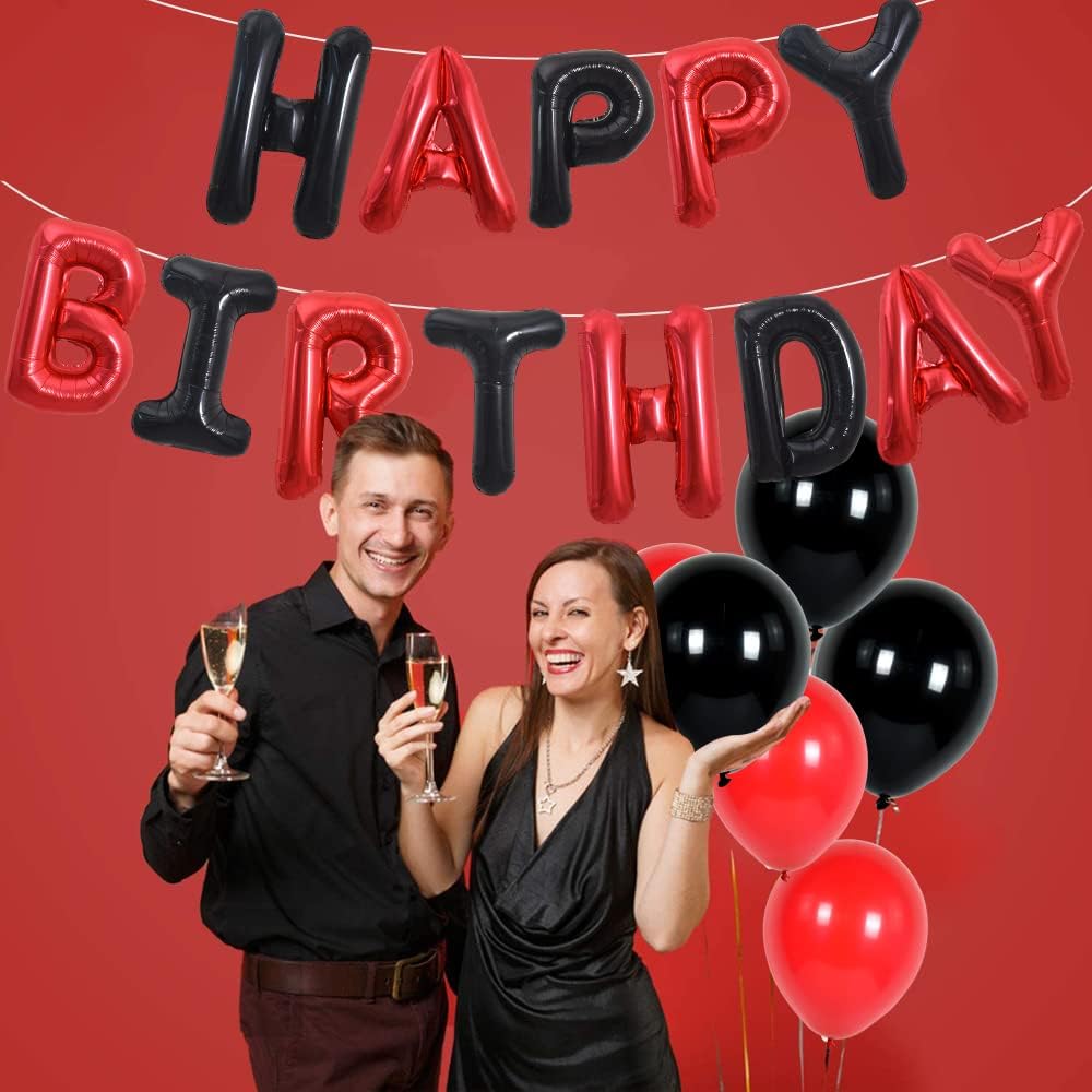 TONIFUL Happy Birthday Balloons Banner with Ribbon Straw, 16 Inch Mylar Letters Birthday Sign Banner Balloon Bunting Reusable for Girls Boys Kids & Adults Birthday Halloween Supplies（Black Red）