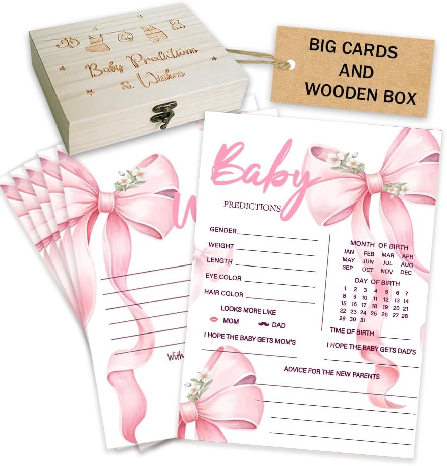 50Pcs Baby Prediction Cards for Baby Shower Games, Fall Pink Bow Wish and Advice Cards with Box for Baby Shower Decorations, Gender Reveal Boy or Girl Decor （Bow) (Pink Prediction)