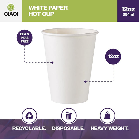 CIAO! 12oz White Paper Hot Cup, Disposable, 90mm Diameter 1,000 Count