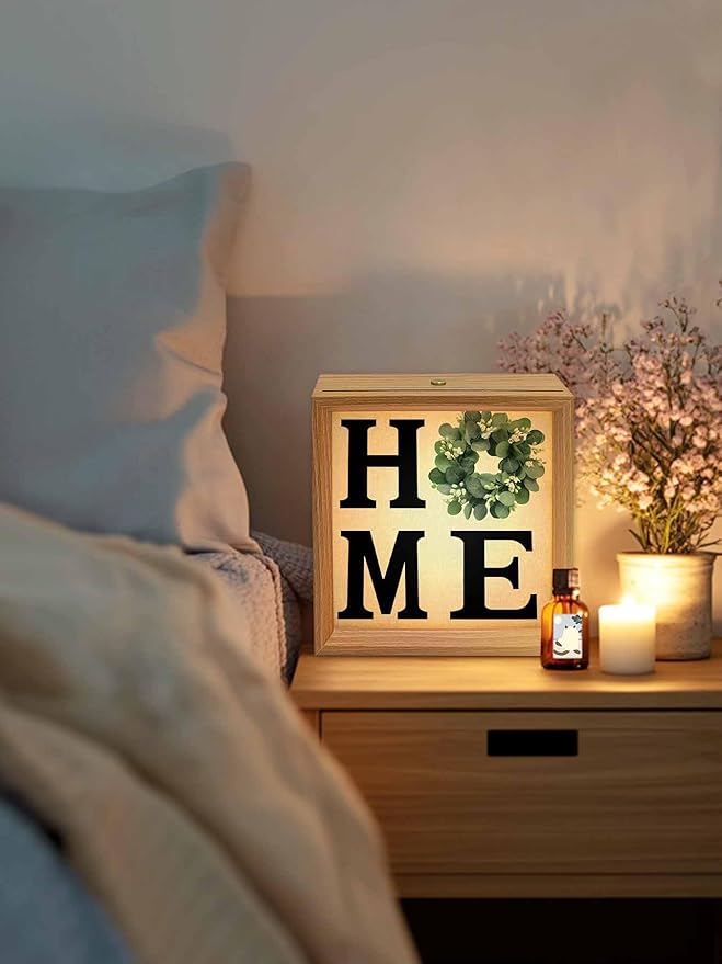 Wood Night Light Box 6.5x6.5in,Home Green Eucalyptus Leaves Garland Table Lights Wooden Picture Frame with USB Rechargeable Touch LED Lights for Home Decor Desktop Display,Retro Linen