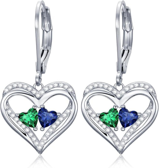 Valentines Day Gifts for Women, Heart Leverback Earrings Double Birthstone Dangle Earrings for Women, Love Jewelry for Her, Anniversary Birthday Gift for Mom Wife Girlfriend