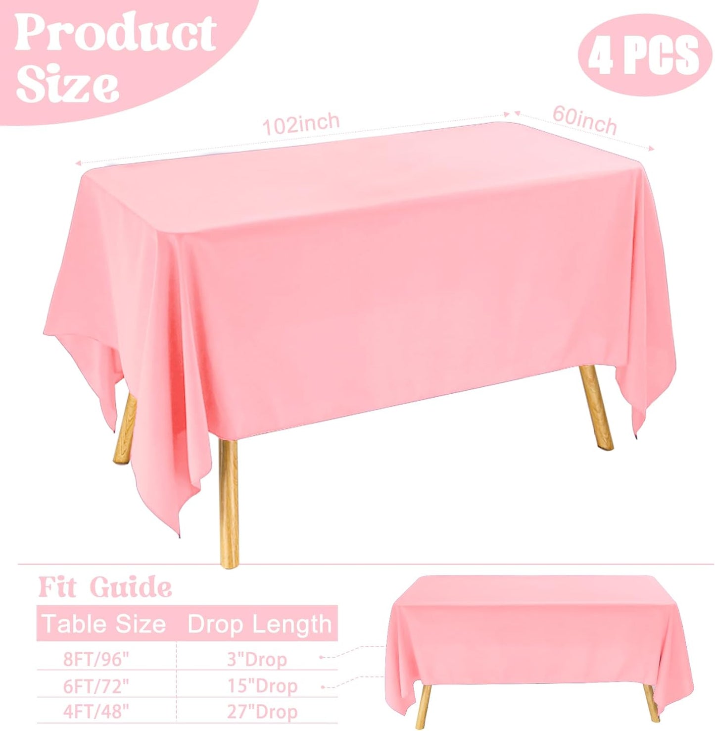4 Pack Rectangle Tablecloth 60x102 Inch Pink Washable Polyester Table Cover for Wedding Dining Table Buffet Parties Banquet Decoration（Pink）
