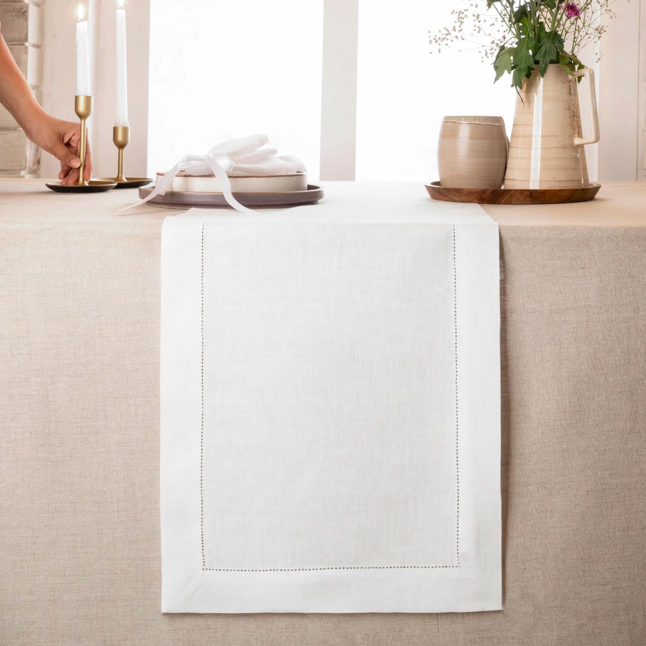 D'Moksha Homes Linen White Table Runner 144 Inches Long - 100% Pure Linen Extra Long Table Runner 14 x 144 Inch for Fall, Autumn and Halloween - Classic Hemstitch
