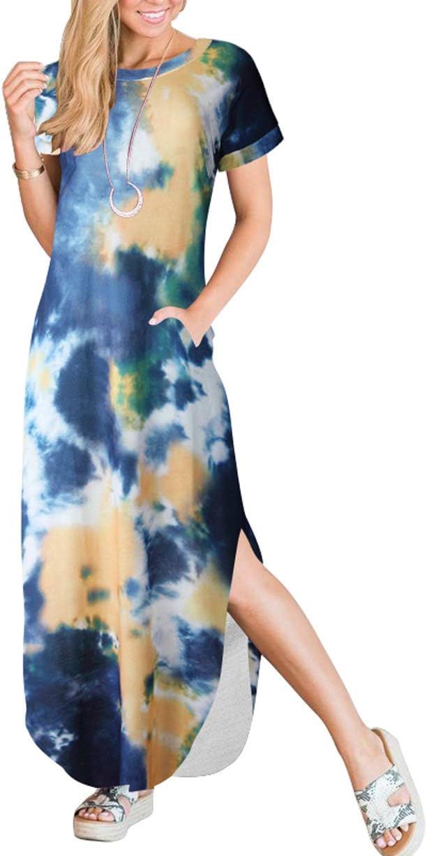 ANRABESS Womens Summer Maxi Dress Short Sleeve Casual Loose Long T Shirt Dresses Split Vacation Beach Sundress Travel Outfits