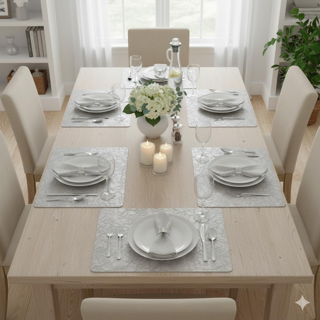 17" × 12" Faux Leather Placemats Set of 6, Light Gray, Washable, Wipeable & Heat-Resistant Table Mats, Waterproof & Anti-Slip Dining Place Mats with Shallow Embossed Texture for Kitchen & Dining