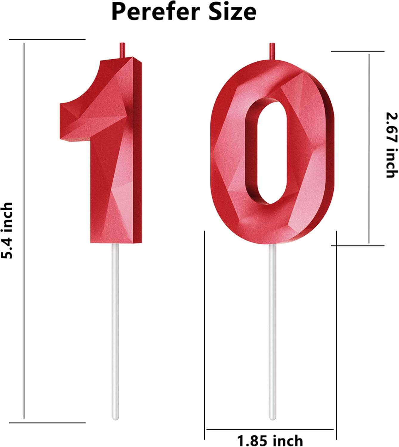 Number Birthday Candles(10 Candle Red) 3D Diamond Shape Number Happy Birthday Cake Candles for Birthday Party Wedding Decoration Reunions Theme Party