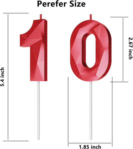 Number Birthday Candles(10 Candle Red) 3D Diamond Shape Number Happy Birthday Cake Candles for Birthday Party Wedding Decoration Reunions Theme Party