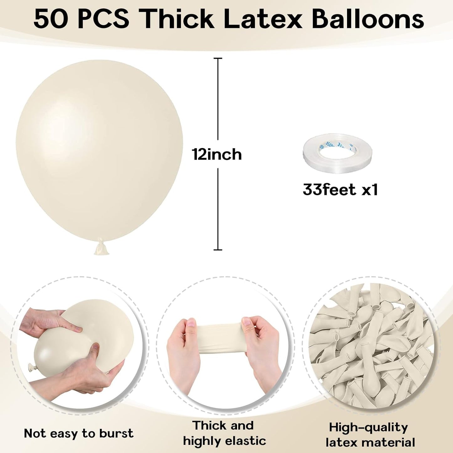 Sand White Balloons 12 Inch, 50Pcs Beige Matte Retro Off White Cream Latex Helium Balloons for Birthday Wedding Baby Shower Anniversary Party Decoration