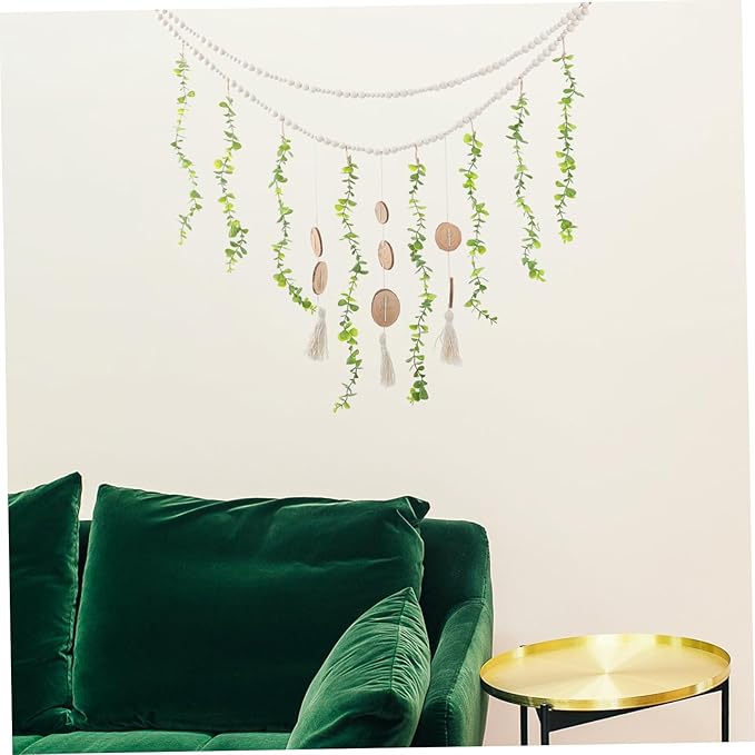 Hanging Photo Display Wall Decor Wooden Beads Garland Stylish Eucalyptus Leaves Design Versatile Picture Holder for Bedroom and Living Room Decor