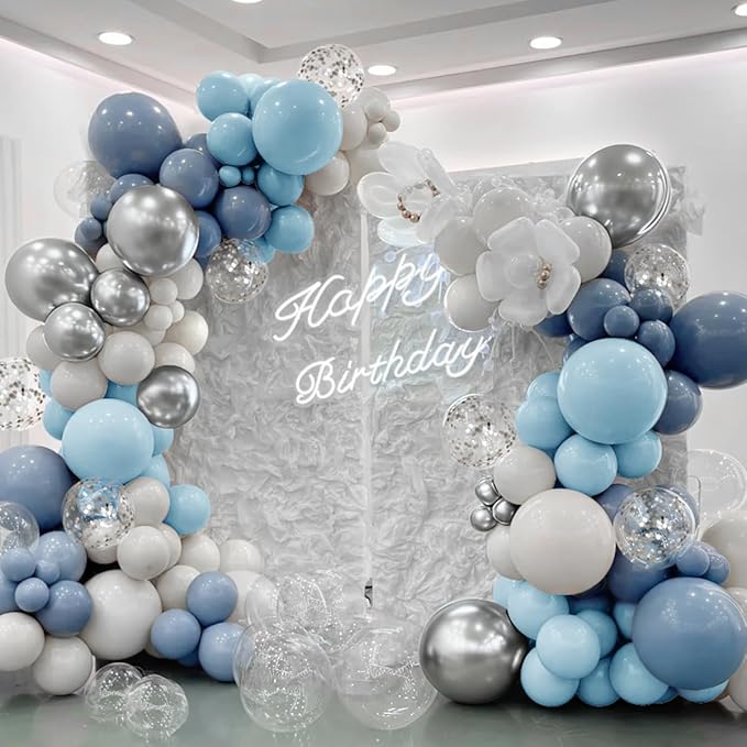 Dusty Blue White Silver Balloon Garland Arch Kit, 167Pcs Latex Balloons Different Sizes 15 12 10 5 inch for Baby Shower Gender Reveal Birthday Engagement Party Decorations