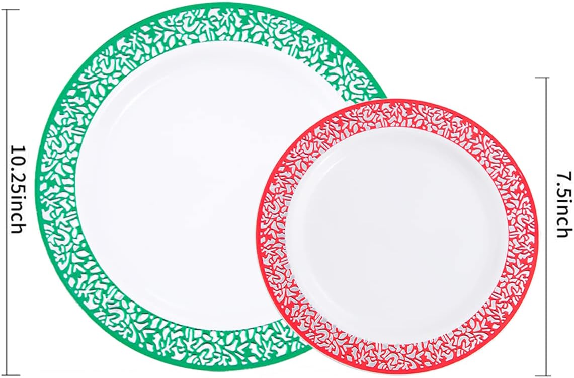 Rubtlamp 60PCS Christmas Plastic Plates, Red Lace Disposable Plates, White Heavy Weight Plates Sets Includes 30 Fancy Salad Platos 7.5”,30 Green Dinner Platos 10.25” For Christmas Party Wedding