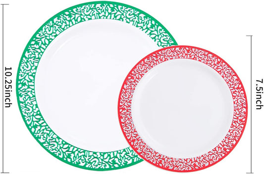 Rubtlamp 60PCS Christmas Plastic Plates, Red Lace Disposable Plates, White Heavy Weight Plates Sets Includes 30 Fancy Salad Platos 7.5”,30 Green Dinner Platos 10.25” For Christmas Party Wedding