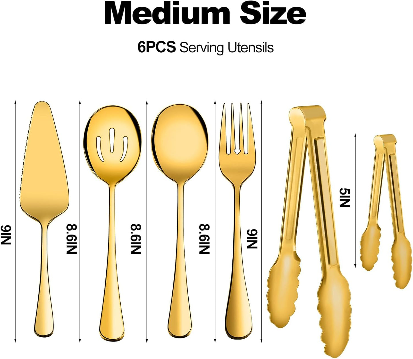 Serving Utensils, XEVOM 6-Piece Stainless Steel Serving Utensil Set Include Serving Spoon, Slotted Serving Spoon, Serving Fork,Serving Tong, Appetizers Tong,Pie Server(Gold)