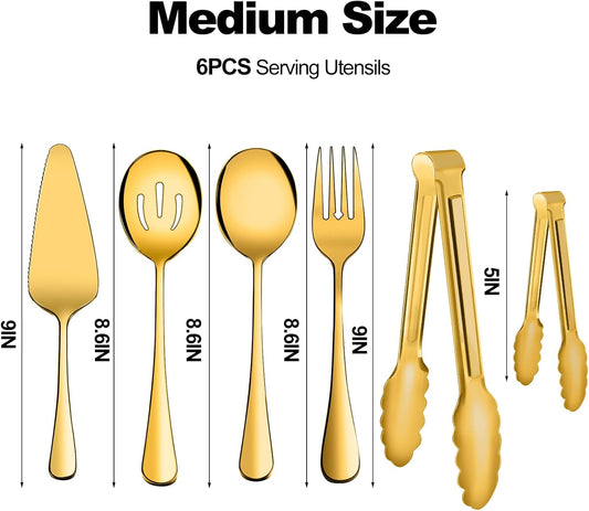 Serving Utensils, XEVOM 6-Piece Stainless Steel Serving Utensil Set Include Serving Spoon, Slotted Serving Spoon, Serving Fork,Serving Tong, Appetizers Tong,Pie Server(Gold)
