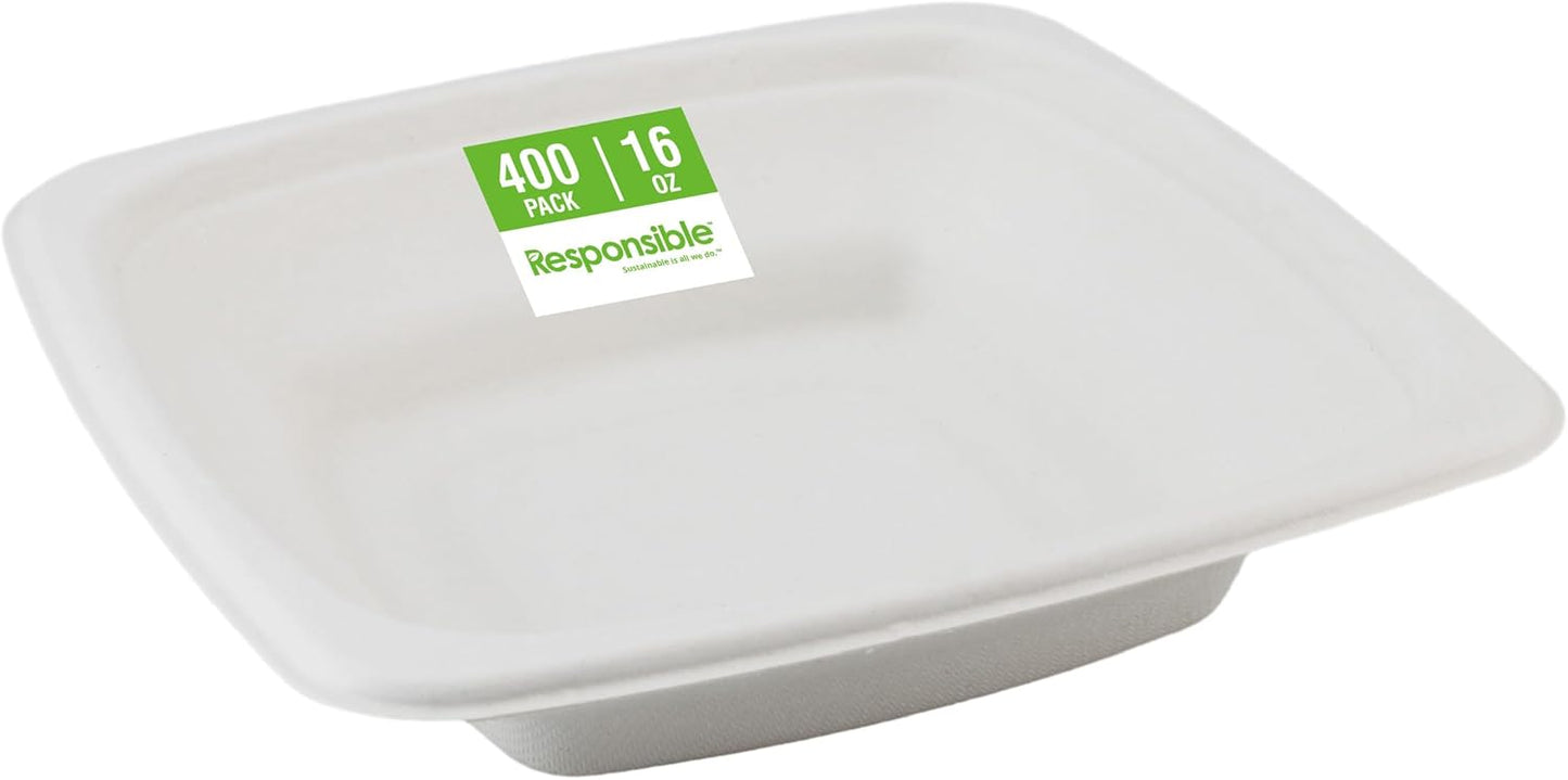 100% Compostable Square Serving Bowls, 16 oz Disposable Paper Bowls, Microwave Safe, Freezer Safe, Soup Safe, No Plastic, Eco-Friendly, Tree-Free, No PFAS. White (400 Count)