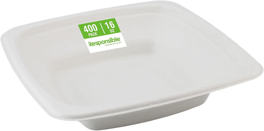 100% Compostable Square Serving Bowls, 16 oz Disposable Paper Bowls, Microwave Safe, Freezer Safe, Soup Safe, No Plastic, Eco-Friendly, Tree-Free, No PFAS. White (400 Count)