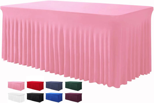 Table Skirt for 4 Foot Tables - One-Piece Pink Tablecloths and Skirt, Wrinkle Resistant Ruffles Elastic Cover for Banquets, Weddings, Events, Parties