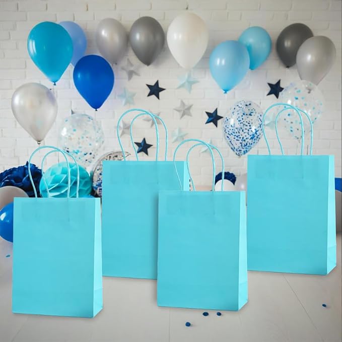 piqiya Small Plain Natural Paper Kraft Gift Bags with Handles Light Blue Paper Bags for Eid Birthday Party Grocery Retail Business Goody Craft Bag (Blue，24pcs)