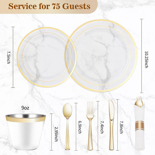 BESTVIP 450PCS Plastic Dinnerware Set (75 Guests), Clear Gold Disposable Plates for Party, Wedding, Christmas, Anniversary, Includes: Dinner Plates, Dessert Plates, Cups, Spoons, Forks and Knives