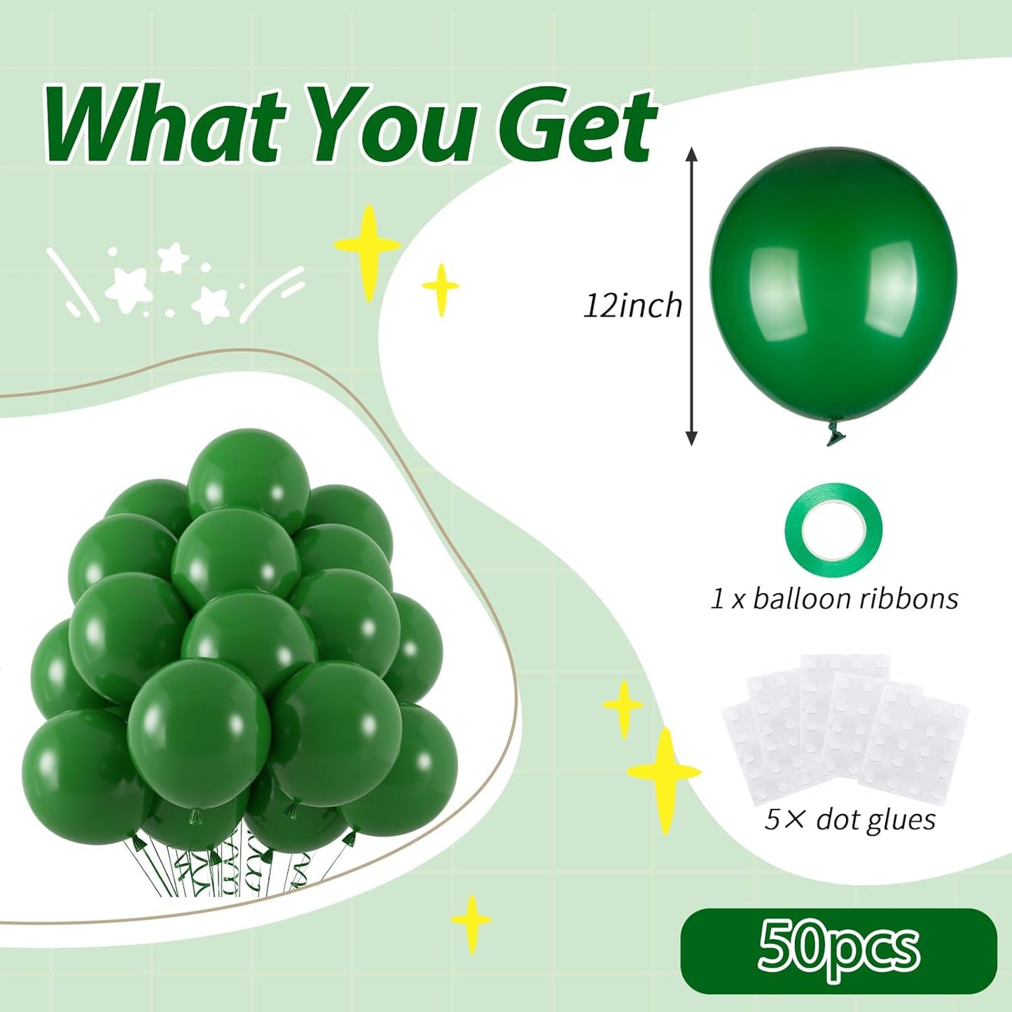 50pcs Dark Green Balloons, 12inch Matte Emerald Hunter Forest Green Balloons for Birthday Christmas Graduation Dinosaur Jungle Theme Party Decorations (With Ribbon & Glues)