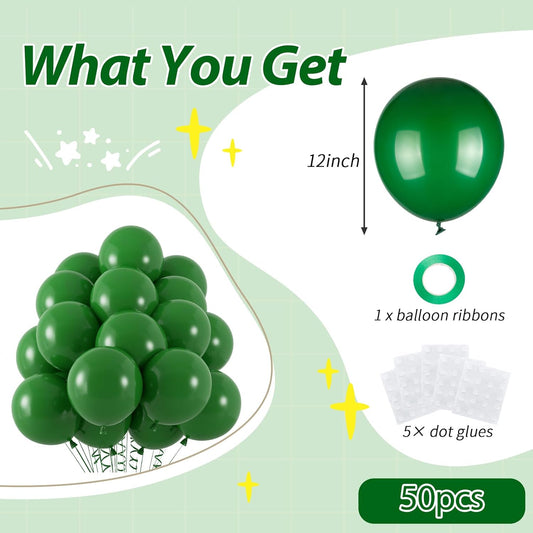 50pcs Dark Green Balloons, 12inch Matte Emerald Hunter Forest Green Balloons for Birthday Christmas Graduation Dinosaur Jungle Theme Party Decorations (With Ribbon & Glues)
