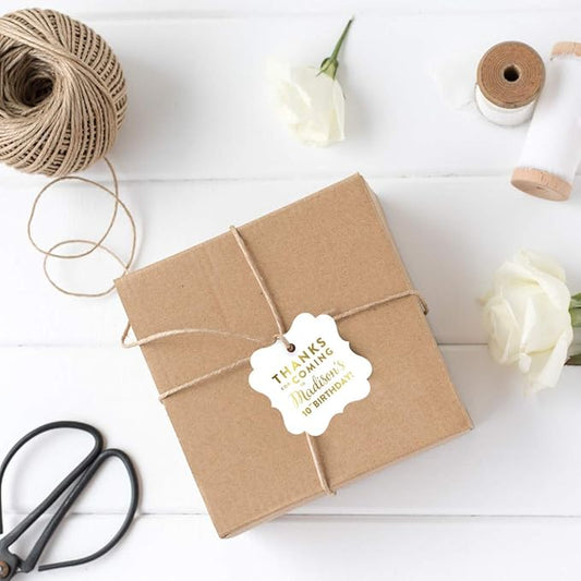 Andaz Press Personalized Fancy Frame Square Birthday Gift Tags, Metallic Gold Ink, Thanks for Coming to Madison's 10th Birthday Block Style, 24-Pack, Custom Made Name Age