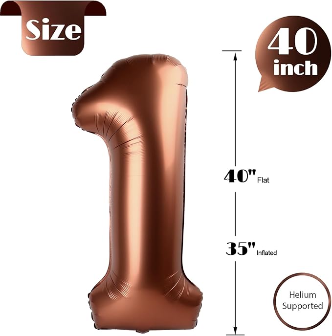 40 Inch Dark Brown 1 Balloon for First Birthday, Coffee Brown 1st Number Balloons Birthday Decorations for Girl Boy Kids Toddler Baby, Chocolate Brown One Giant Number 1 Balloon