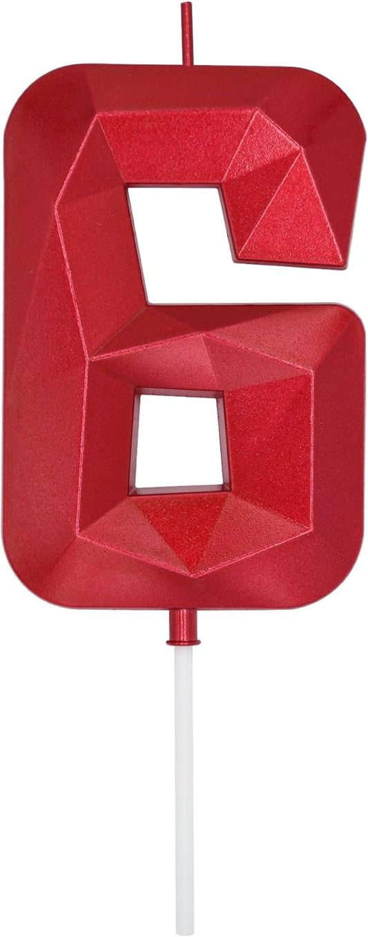 DERVENTA Large Birthday Candle Number 3D Red 3.7 inch Party Celebration Anniversary Decoration Cake Topper 1 Piece (Number 6 Red)