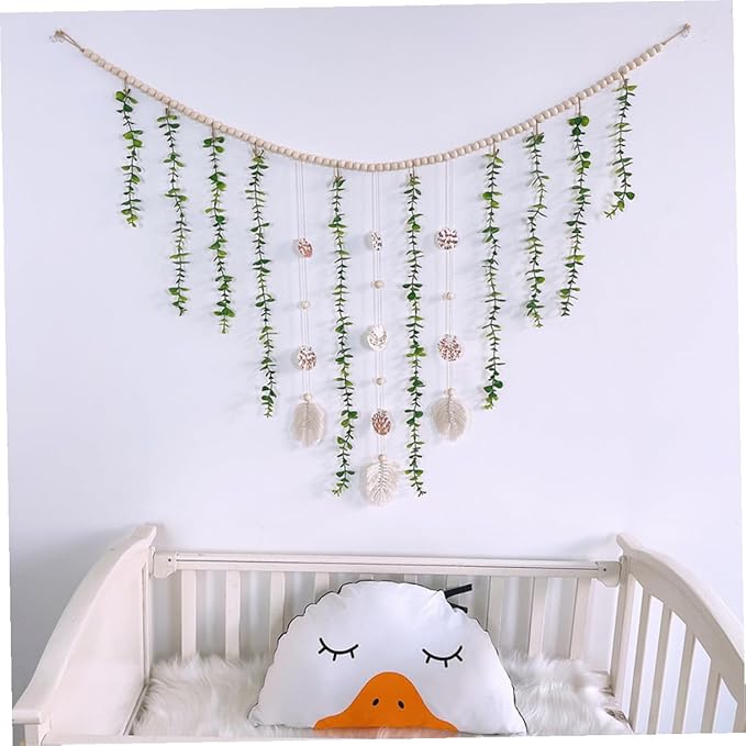 Lurrose Boho Wooden Bead Garland with Simulated Eucalyptus Leaves Rustic Farmhouse Hanging Wall Decor for Bedroom Living Nursery Pastoral Style Vines Decoration