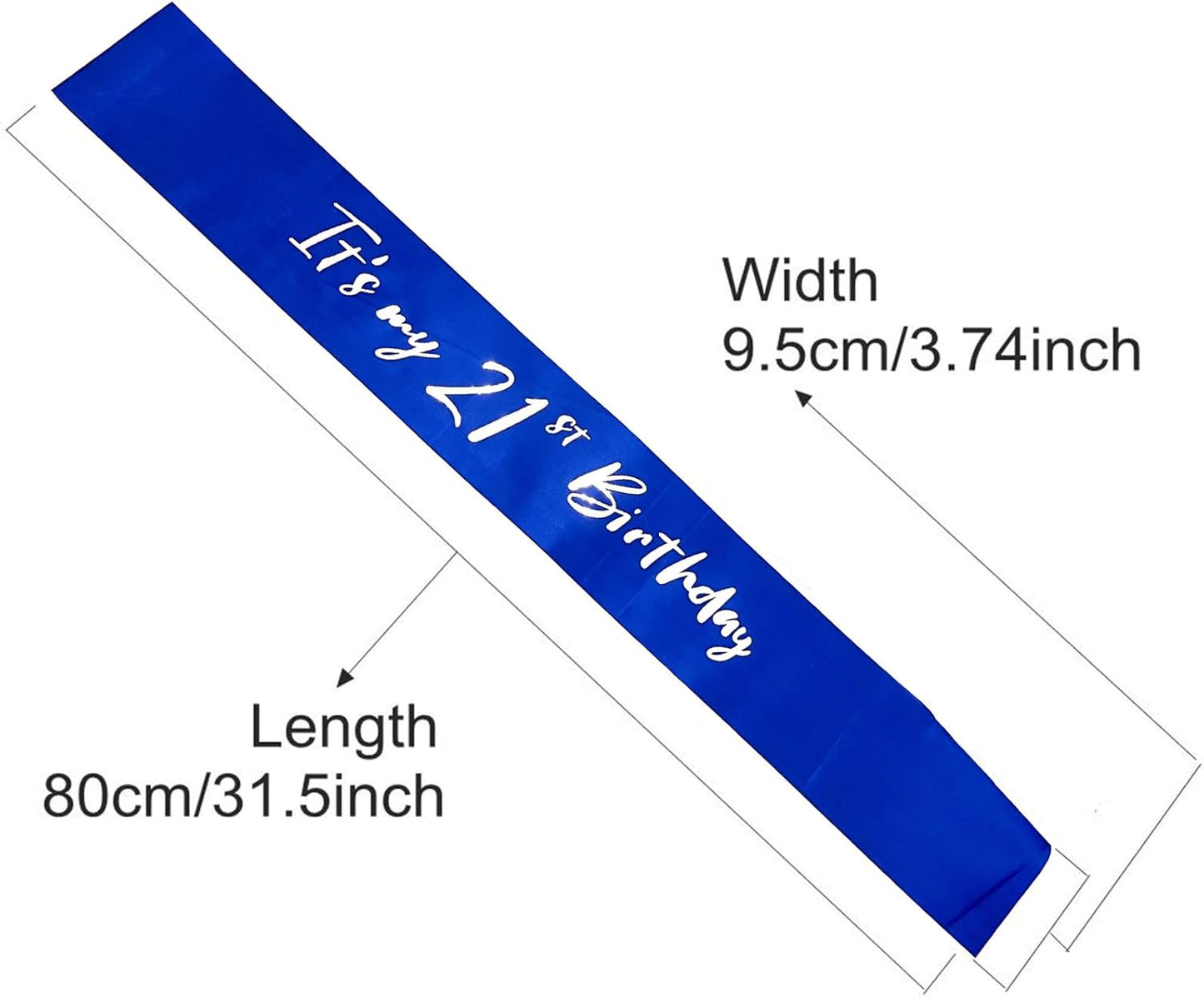 21st Birthday Sash, Blue Satin Soft Sashes with Silver Foil Letter, Birthday Decorations for Girls or Boys, Happy 21st Birthday Party Favor Supplies,Blue Silver