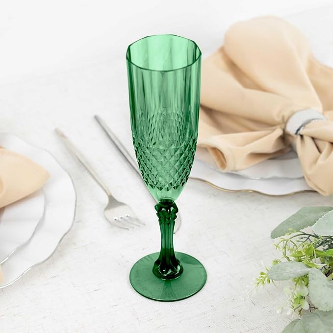 Efavormart 6-Pack Champagne Glasses, 8oz Shatterproof Plastic Crystal Cut Toast Flutes, Hunter Green for Party Celebration Wedding