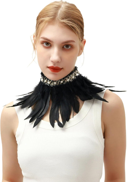 Gothic Black Feather Shawl Lace Wrist Cuffs Wing Costume for Carnival,Halloween,Cosplay Party Accessories