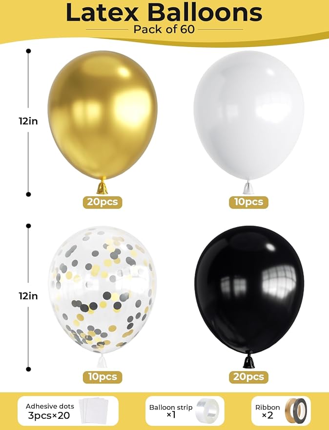 Black and Gold Balloons, 60 Pcs 12 Inch Graduation Balloons, Metallic Black Gold White Confetti Balloons, for Graduation Party 2026, Birthday, Wedding, Retirement Party Decor