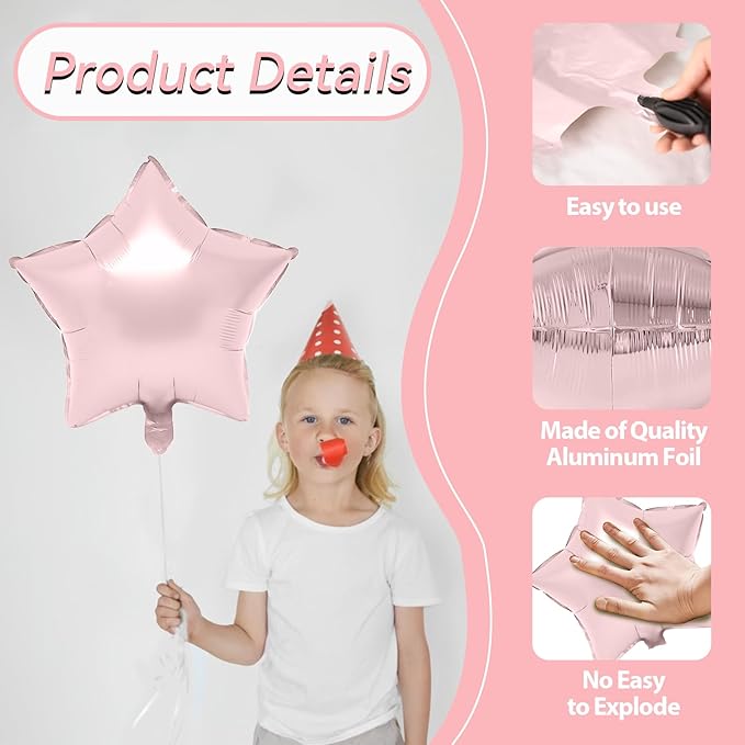 Biapian Baby Pink Star Foil Balloons, 10PCS Light Pink Cream White Foil Stars Shape Balloon, 18 Inch Stars Balloons for Helium Pentagram Balloon for Girls Birthday, Baby Shower Party Decoration