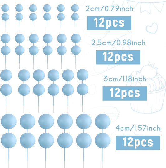 48 Pcs Balls Cake Topper Decorations Balloon Cupcake Toppers Foam Cake Topper Balls Cake Balls Decorations for Birthday Party Wedding Anniversary Cake Decorating (Light Blue)