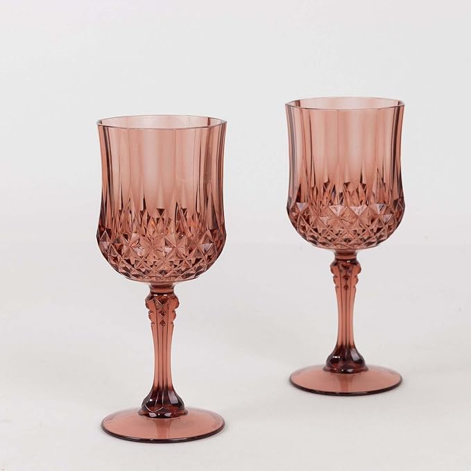 Efavormart 6-Pack Plastic Wine Glasses 8oz, Dusty Rose - Crystal Cut Shatterproof Cocktail Goblets Drinking Glasses