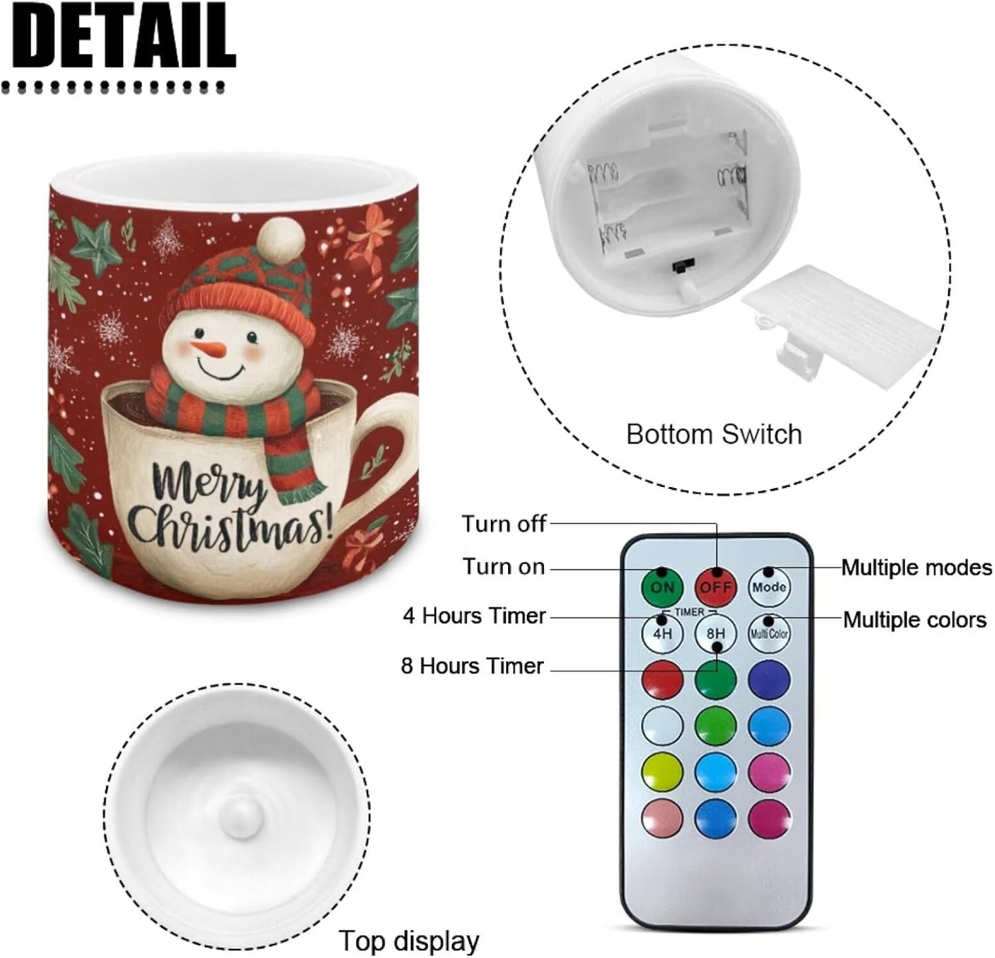 Poceacles Christmas LED Candles Set of 4 Battery Powered Flameless Candles with Multi-Color Lighting Options, Timer Function, for Indoor Outdoor Decor, Snowman Teacup Merry Christmas Red