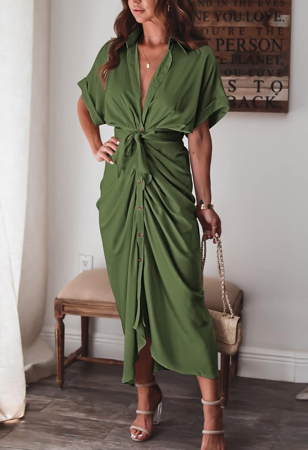 Women Elegant Satin Button Down Short Sleeve Maxi Shirt Dress with Belt