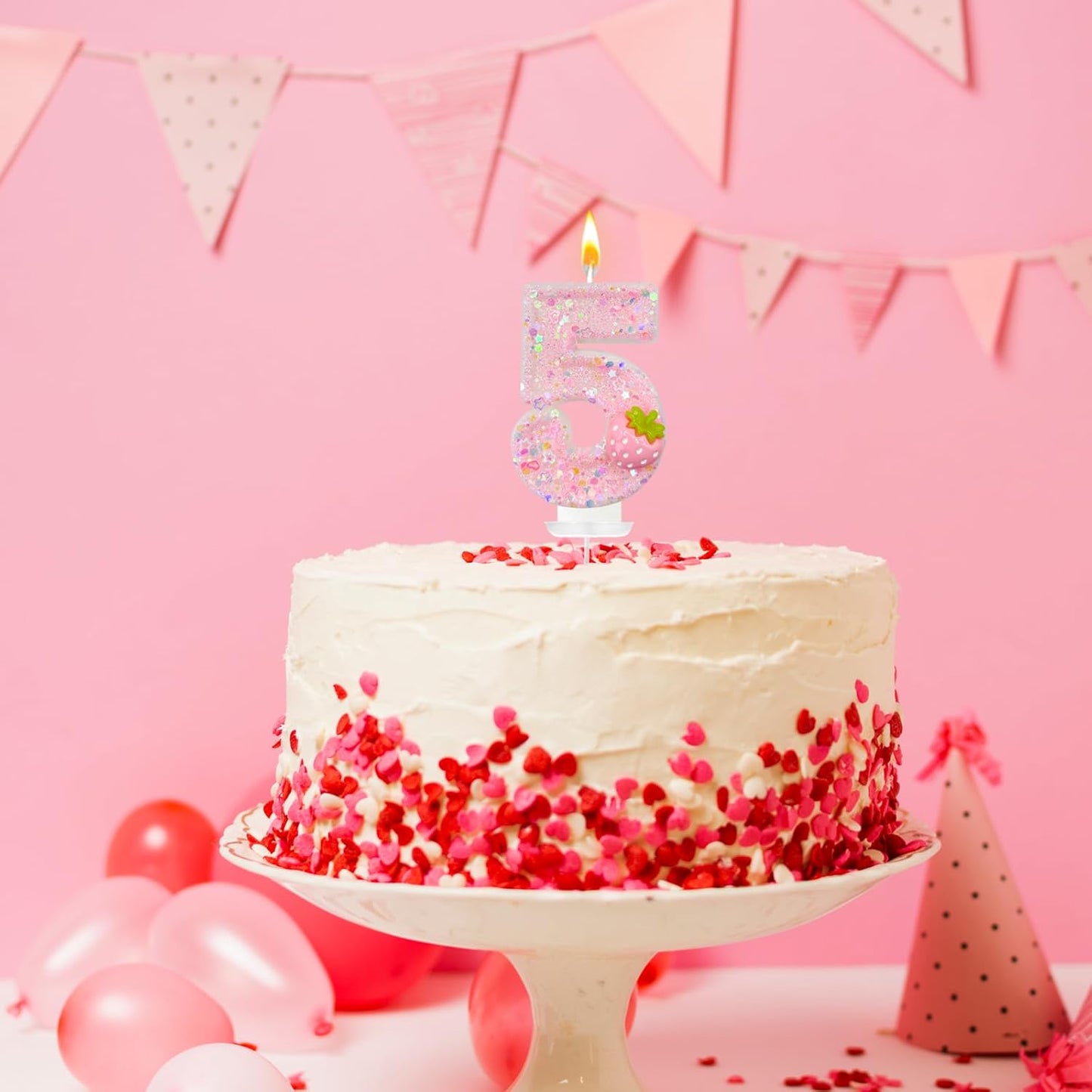 HXOUSE Strawberry Number 5 Birthday Candles - Pink Berry Birthday Candles for Cake, 5 Candle Topper for Anniversary Celebrations Supplies, Strawberry Party Decorations for Girl (No.5)