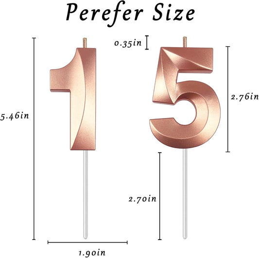 Rose Gold Number 15 Candles, 3D Diamond 2.76 Inch Cake Topper Birthday Candles for Wedding Anniversary Cake Decorations, Happy Birthday Party Decorations