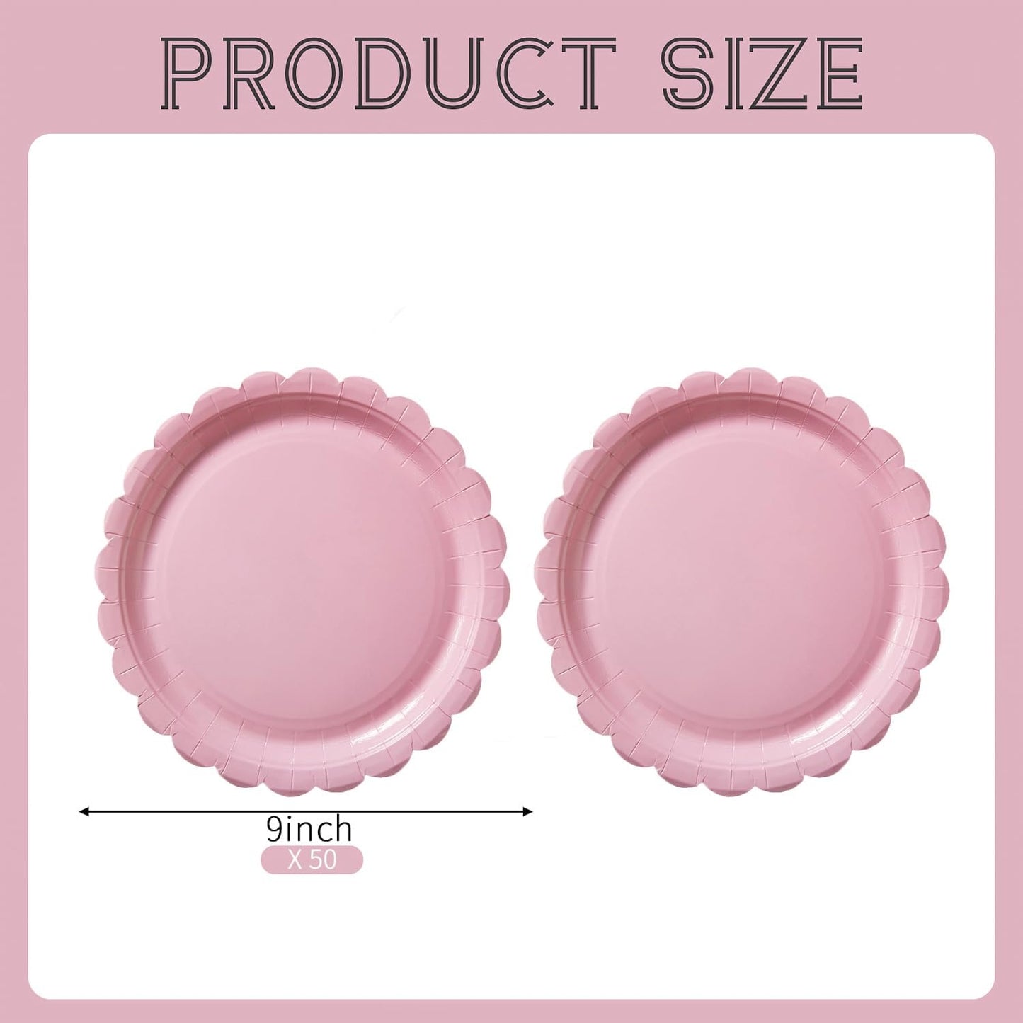 BEFORYOU 50PCS Scalloped Disposable Paper Plates Dessert Cake Party Plates for Baby Shower, Wedding,Bridal Shower Birthday Party Supplies (Pink, 9IN)