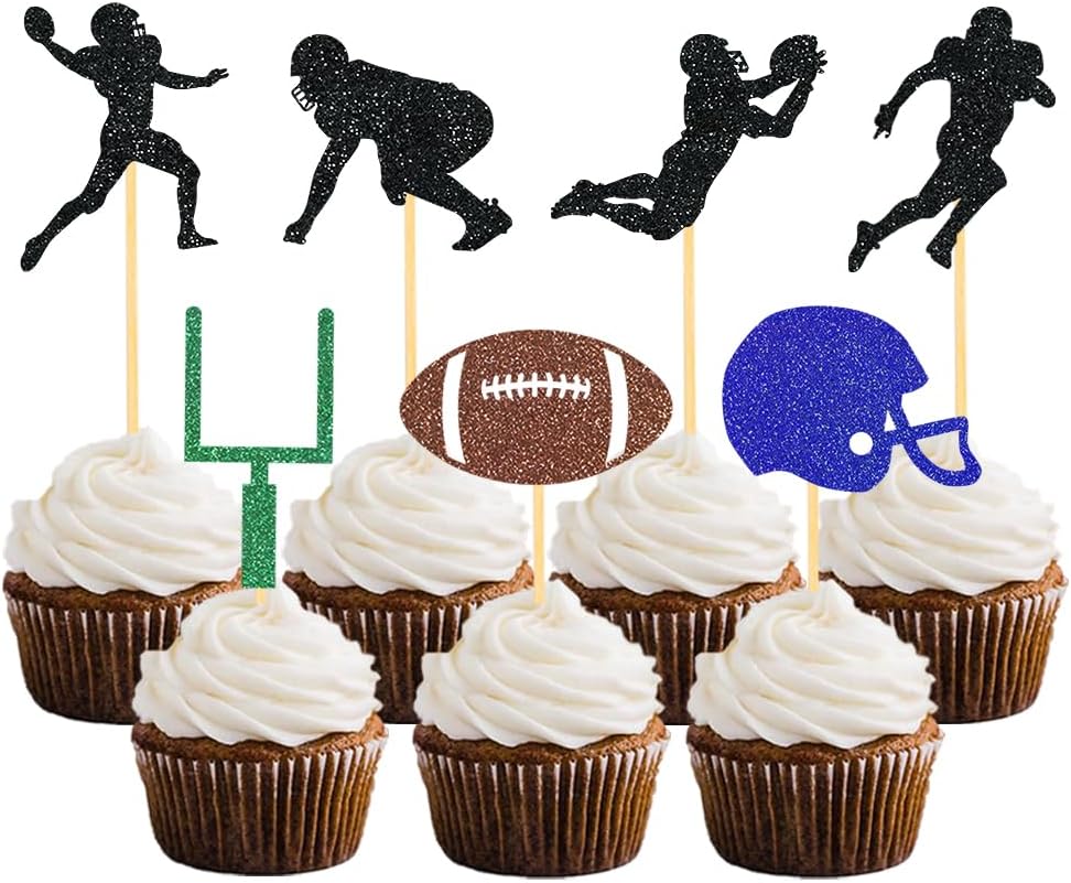 35Pcs Glitter Football Cupcake Toppers - Football Party Decorations, Player & Theme Cake Toppers - Baby Shower Party Decorations