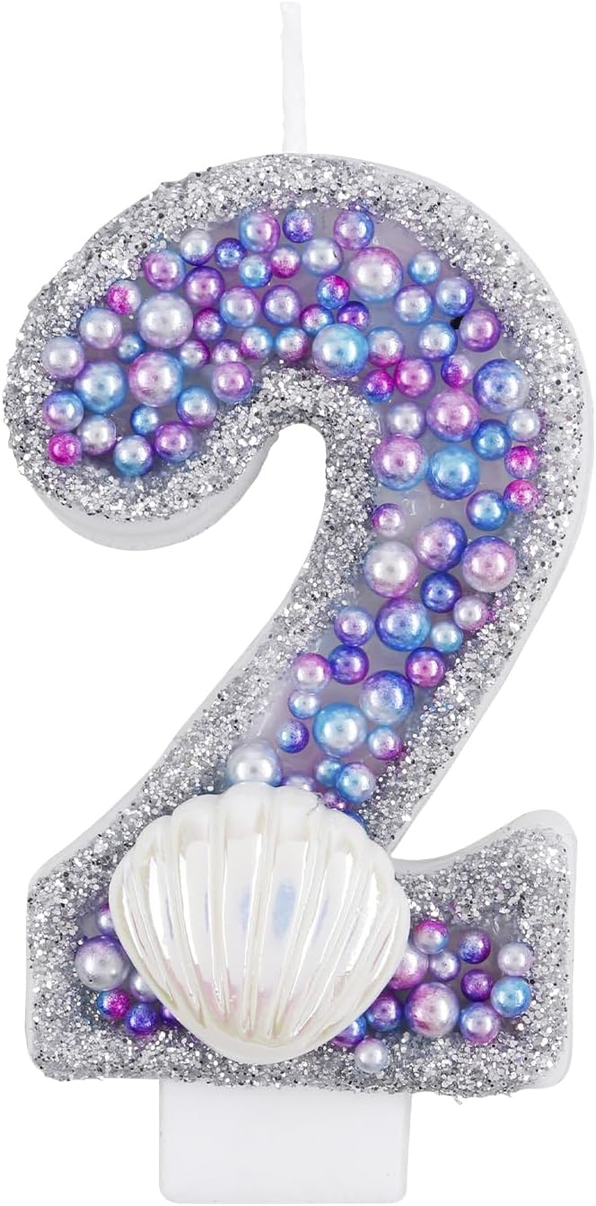 Girls Glitter 2 Birthday Number Candle, Pink Shell Sequins Blue Purple Pearls Number Birthday Candles for Boys Girls Birthday Cakes Mermaid Themed Birthday Decorations Party Supplies Number 2 Candle