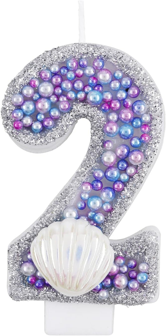 Girls Glitter 2 Birthday Number Candle, Pink Shell Sequins Blue Purple Pearls Number Birthday Candles for Boys Girls Birthday Cakes Mermaid Themed Birthday Decorations Party Supplies Number 2 Candle