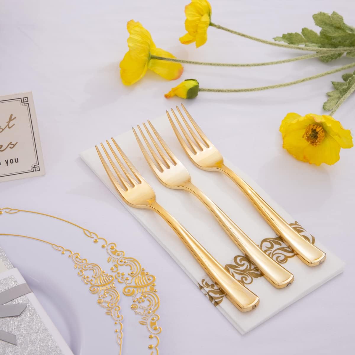 Liacere 200pcs Gold Plastic Forks - Heavyweight - 7.4 Inch Heavy Duty Forks - Gold Plastic Silverware Perfect For Parties & Weddings & Restaurants & New Year And Daily Using&Fall Decor