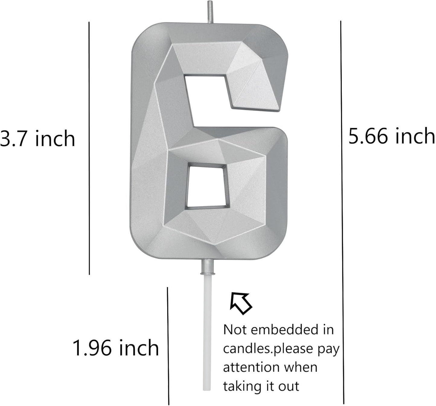 DERVENTA Birthday Candle Big Number 3D Silver 3.7 inch Party Celebration Anniversary Decoration Cake Topper 1 Piece (Number 6 Silver)